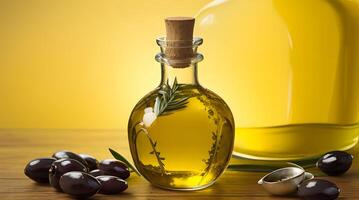 Golden Elixir Unveiled, A Culinary Work of Art with Glass Jug and Fragrant Olive Oil Bottle photo