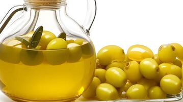 Golden Elixir Unveiled, A Culinary Work of Art with Glass Jug and Fragrant Olive Oil Bottle photo