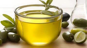 Golden Elixir Unveiled, A Culinary Work of Art with Glass Jug and Fragrant Olive Oil Bottle photo