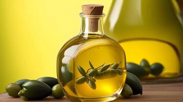Golden Elixir Unveiled, A Culinary Work of Art with Glass Jug and Fragrant Olive Oil Bottle photo