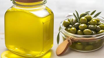 Golden Elixir Unveiled, A Culinary Work of Art with Glass Jug and Fragrant Olive Oil Bottle photo