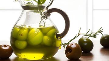 Golden Elixir Unveiled, A Culinary Work of Art with Glass Jug and Fragrant Olive Oil Bottle photo