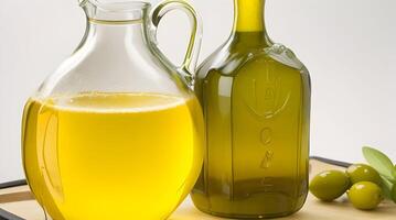 Golden Elixir Unveiled, A Culinary Work of Art with Glass Jug and Fragrant Olive Oil Bottle photo