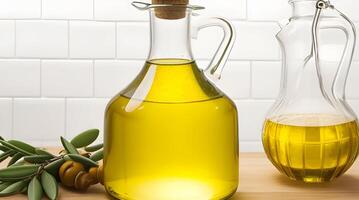Golden Elixir Unveiled, A Culinary Work of Art with Glass Jug and Fragrant Olive Oil Bottle photo