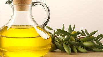 Golden Elixir Unveiled, A Culinary Work of Art with Glass Jug and Fragrant Olive Oil Bottle photo