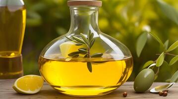 Golden Elixir Unveiled, A Culinary Work of Art with Glass Jug and Fragrant Olive Oil Bottle photo