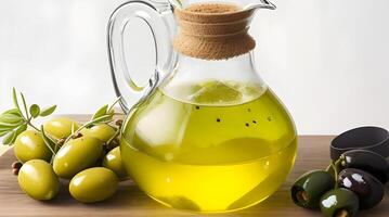 Golden Elixir Unveiled, A Culinary Work of Art with Glass Jug and Fragrant Olive Oil Bottle photo