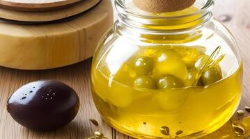 Golden Elixir Unveiled, A Culinary Work of Art with Glass Jug and Fragrant Olive Oil Bottle photo