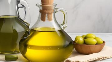 Golden Elixir Unveiled, A Culinary Work of Art with Glass Jug and Fragrant Olive Oil Bottle photo