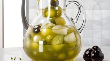 Golden Elixir Unveiled, A Culinary Work of Art with Glass Jug and Fragrant Olive Oil Bottle photo
