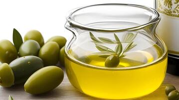 Golden Elixir Unveiled, A Culinary Work of Art with Glass Jug and Fragrant Olive Oil Bottle photo