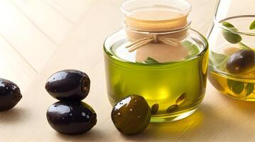 Golden Elixir Unveiled, A Culinary Work of Art with Glass Jug and Fragrant Olive Oil Bottle photo