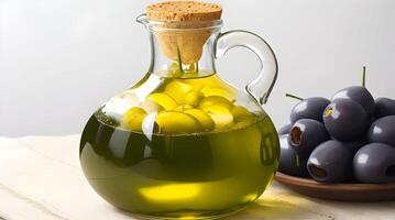 Golden Elixir Unveiled, A Culinary Work of Art with Glass Jug and Fragrant Olive Oil Bottle photo