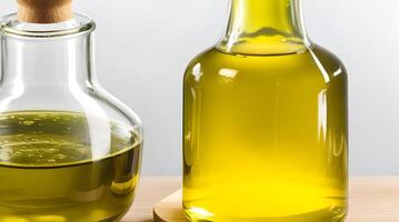 Golden Elixir Unveiled, A Culinary Work of Art with Glass Jug and Fragrant Olive Oil Bottle photo