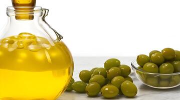 Golden Elixir Unveiled, A Culinary Work of Art with Glass Jug and Fragrant Olive Oil Bottle photo