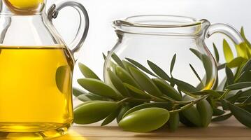 Golden Elixir Unveiled, A Culinary Work of Art with Glass Jug and Fragrant Olive Oil Bottle photo