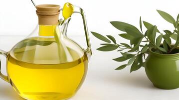 Golden Elixir Unveiled, A Culinary Work of Art with Glass Jug and Fragrant Olive Oil Bottle photo