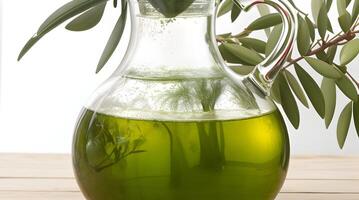 Golden Elixir Unveiled, A Culinary Work of Art with Glass Jug and Fragrant Olive Oil Bottle photo