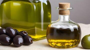 Golden Elixir Unveiled, A Culinary Work of Art with Glass Jug and Fragrant Olive Oil Bottle photo