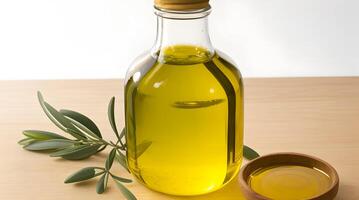 Golden Elixir Unveiled, A Culinary Work of Art with Glass Jug and Fragrant Olive Oil Bottle photo
