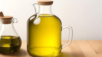 Golden Elixir Unveiled, A Culinary Work of Art with Glass Jug and Fragrant Olive Oil Bottle photo