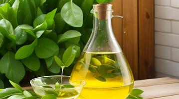 Golden Elixir Unveiled, A Culinary Work of Art with Glass Jug and Fragrant Olive Oil Bottle photo