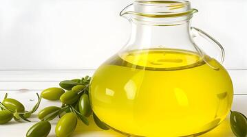 Golden Elixir Unveiled, A Culinary Work of Art with Glass Jug and Fragrant Olive Oil Bottle photo