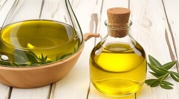 Golden Elixir Unveiled, A Culinary Work of Art with Glass Jug and Fragrant Olive Oil Bottle photo