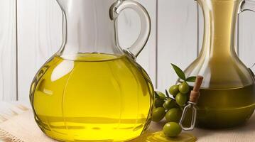 Golden Elixir Unveiled, A Culinary Work of Art with Glass Jug and Fragrant Olive Oil Bottle photo