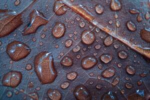 raindrops on the red leaf in rainy days in autumn season, red background photo