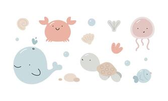 Set with pastel cute sea characters. For for kids design, fabric, wrapping, cards, textile, wallpaper, apparel. Isolated vector cartoon illustration in flat style on white background.