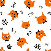 Vector seamless pattern with cute ginger cat head in different mood, happy, sad, surprised, glad, satisfied, joyful and meow text.