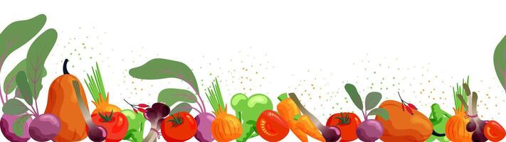 Vector long background with vegetables. Banner includs tomato, beet, garlic, onion, broccoli, carrot, pumpkin, isolated on a white