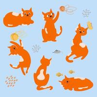 Vector cute ginger cat character in different poses set, looking, sleeping, jumping, playing, happy and sad mood.