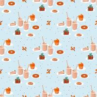 Seamless vector pattern with pumpkin, pie, cookies with chocolate, spicy coffee latte, cupcakes, cake, donuts, roll.