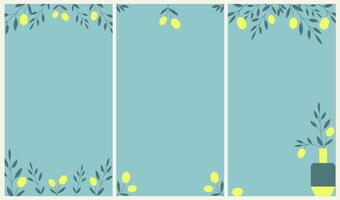 Bright lemon branches in vases set of backgrounds for social media, Instagram, TikTok or vertical video story posting. Vector flat illustration.