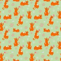 Vector seamless pattern with cute ginger cat, looking, sitting, standing and playing with knitting yarn in happy or sad mood.