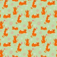 Vector seamless pattern with cute ginger cat, looking, sitting, standing and playing with knitting yarn in happy or sad mood.