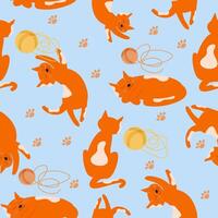 Vector seamless pattern with cute ginger cat, looking, sleeping, jumping and playing with knitting yarn.