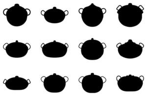 Boiling pot silhouette icon set. Cooking ware flat design vector