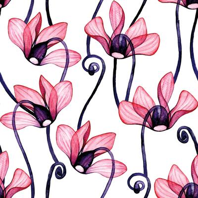 transparent cyclamen flowers. watercolor seamless pattern of tropical flowers, x-ray