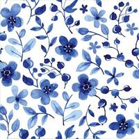 seamless pattern with blue watercolor flowers and leaves. small, simple flowers on a white background. vector