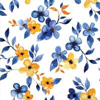 seamless pattern with blue and yellow watercolor flowers and leaves. small, simple flowers on a white background. vector