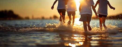 AI Generated Children splash joyfully in the sea during sunset, celebrating Children's Day. In the golden light of evening, young spirits play freely, embodying the essence of joyful childhood. photo