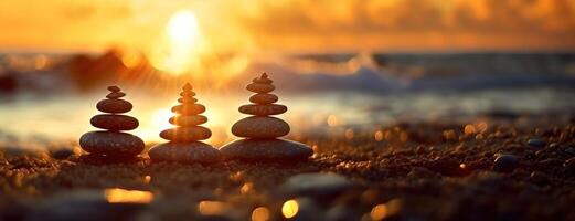 AI Generated Stacked stones at sunset on a pebbled beach capture a moment of zen. The sun's golden glow bathes a tranquil shore, waves whispering tales of the deep. Panorama with copy space. photo