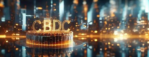 AI Generated A dazzling cake with CBDC glowing letters stands prominently, cutting-edge innovation and transformative potential of Central Bank Digital Currencies in the backdrop of a futuristic photo