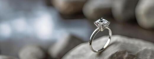 AI Generated An elegant engagement ring perched on a stone, with its diamond catching the soft light. Quiet promises, with the blurred natural background lending a timeless quality to the scene. photo