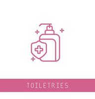 Hand sanitizer icon, line style. pink color icon. Washing hand with sanitizer liquid soap. Vector illustration. Design on white background.