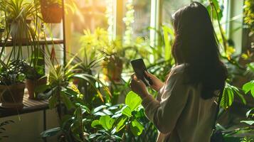 AI generated There are many beautiful lush indoor plants on the balcony, and a woman is holding a smartphone in her hand. photo