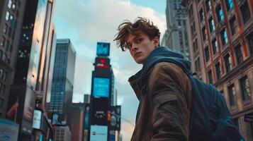 AI generated Cool and stylish American model in stunning locations in New York while traveling. photo